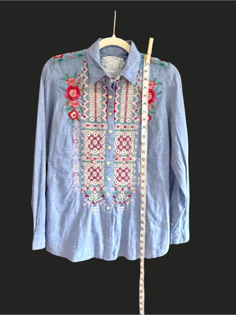 JOHNNY WAS Embroidered Button Down Chambray Shirt Back Buttons XS - Picture 11 of 11